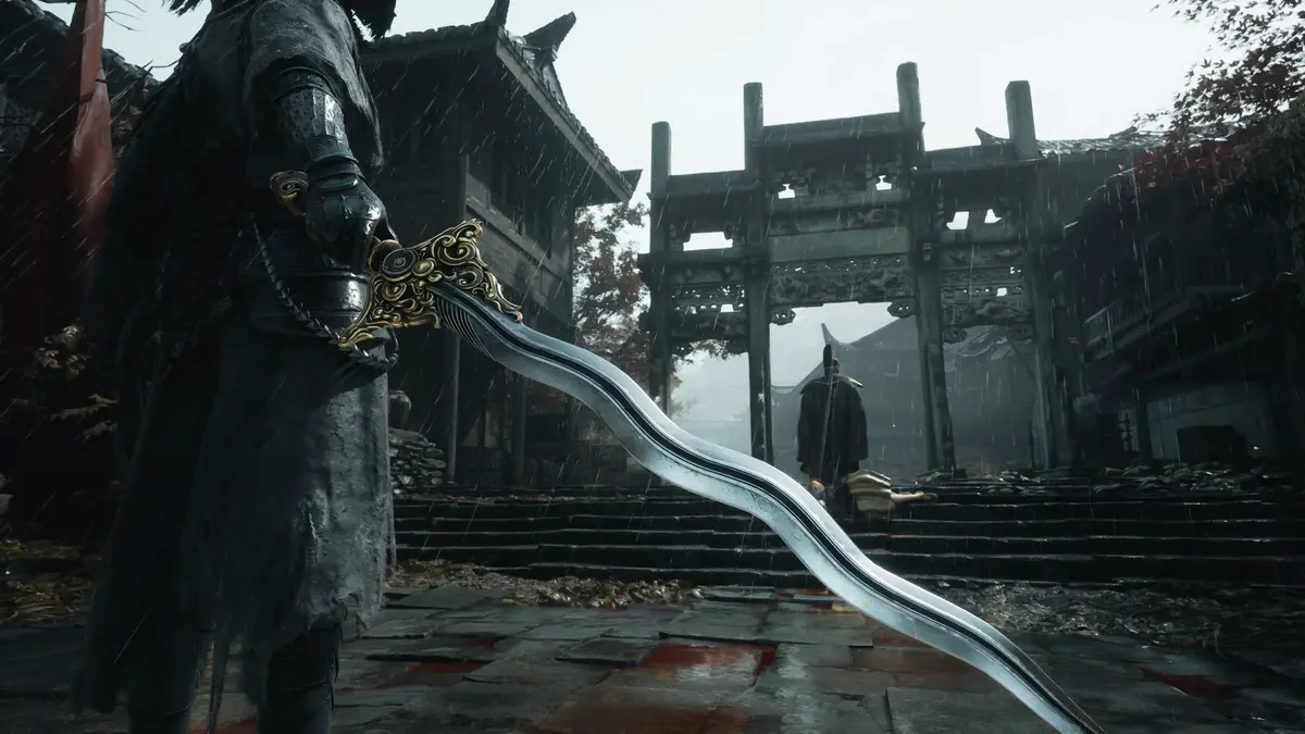Protagonist holding curvy blade in Phantom Blade Zero