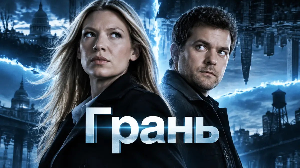 Оливия Данэм и Питер Бишоп из сериала «Грань» на фоне раскола параллельных вселенных, синий неон