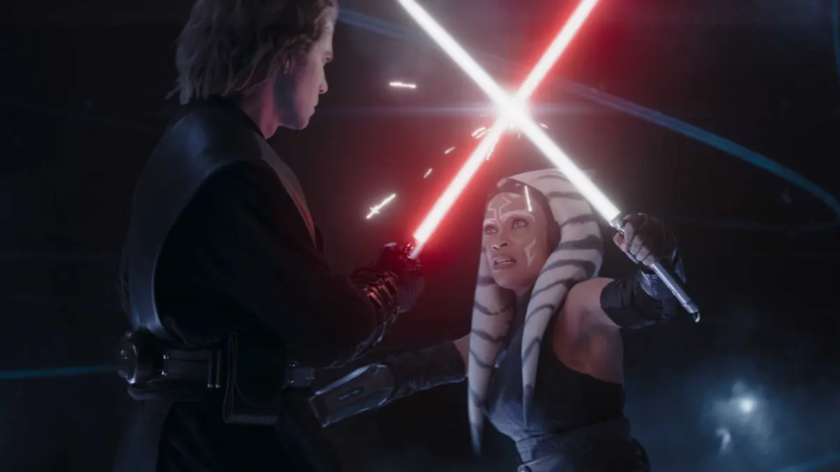 Anakin Skywalker and Ahsoka Tano dueling in Ahsoka in the World Between Worlds