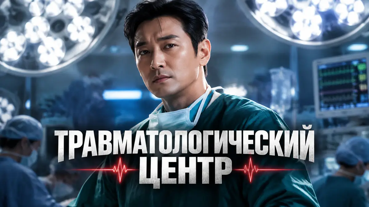 Хирург Пэк Кан Хёк в медицинской форме на фоне операционной, постер сериала «Травматологический центр» Netflix