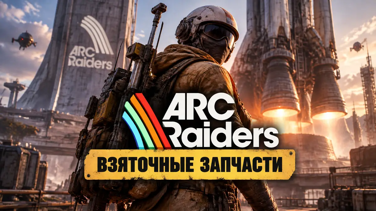 Рейдер в снаряжении на фоне ракетных двигателей космопорта, логотип ARC Raiders, квест «Взяточные запчасти»