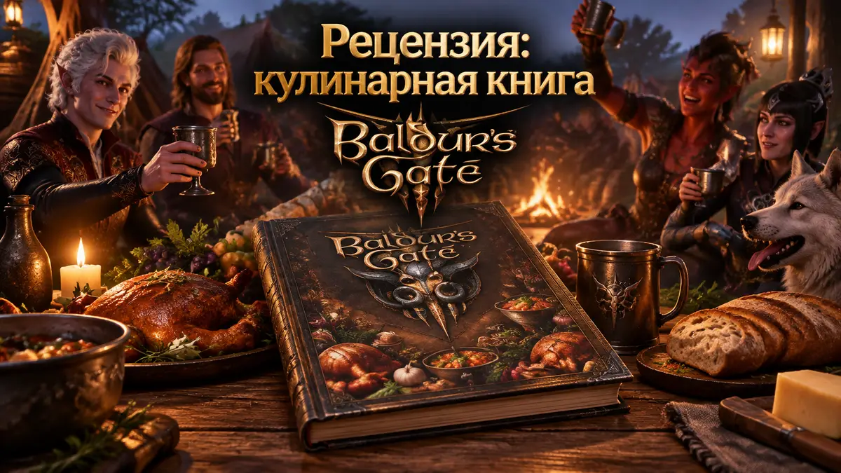 Кулинарная книга Baldur's Gate 3 на столе таверны, рядом пир у костра и силуэты компаньонов