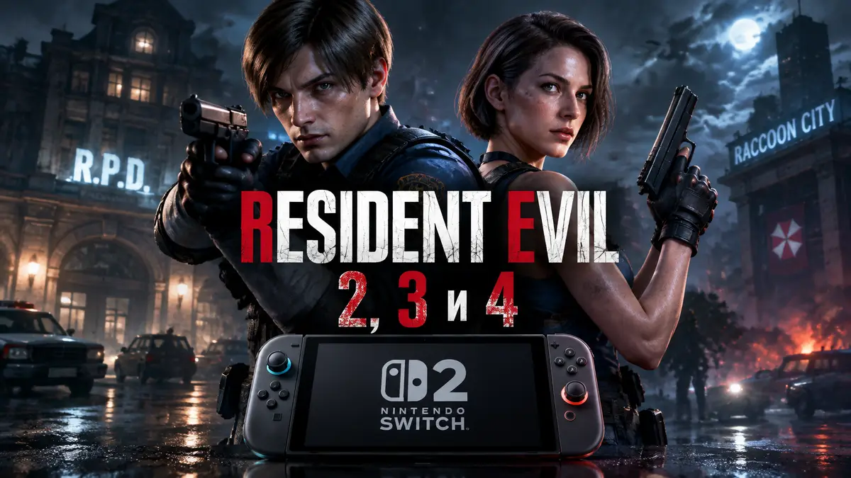 Леон Кеннеди и Джилл Валентайн в ночном Раккун-Сити, логотип Resident Evil и консоль Switch 2