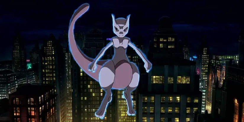 Mewtwo floating over a city at night
