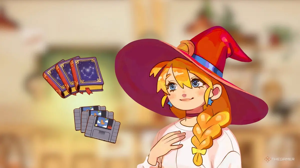 Lunne over a background of her bakery in The Witch's Bakery next to books and video games..