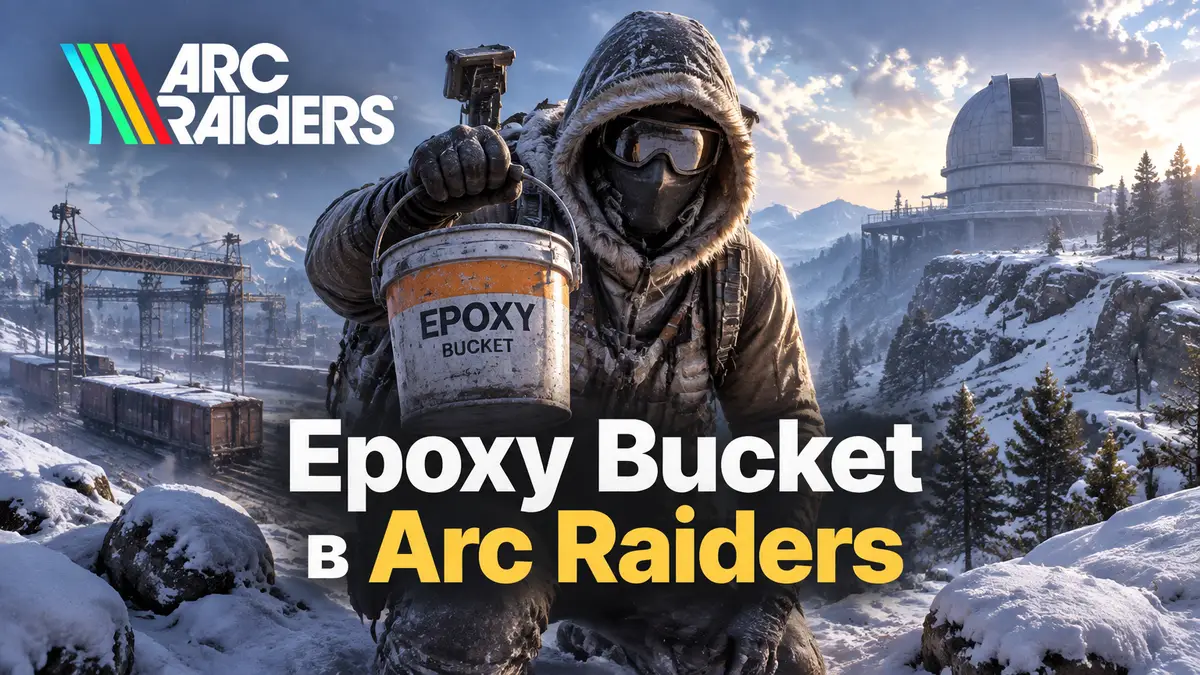 Рейдер в зимнем снаряжении с ведром Epoxy Bucket среди снегов Pendola Pass, логотип Arc Raiders