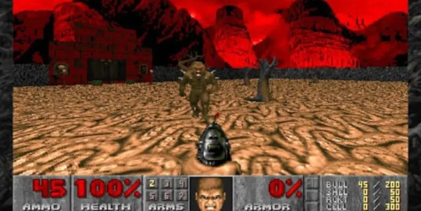 Doom SNES gameplay featuring the player aiming at a demon.