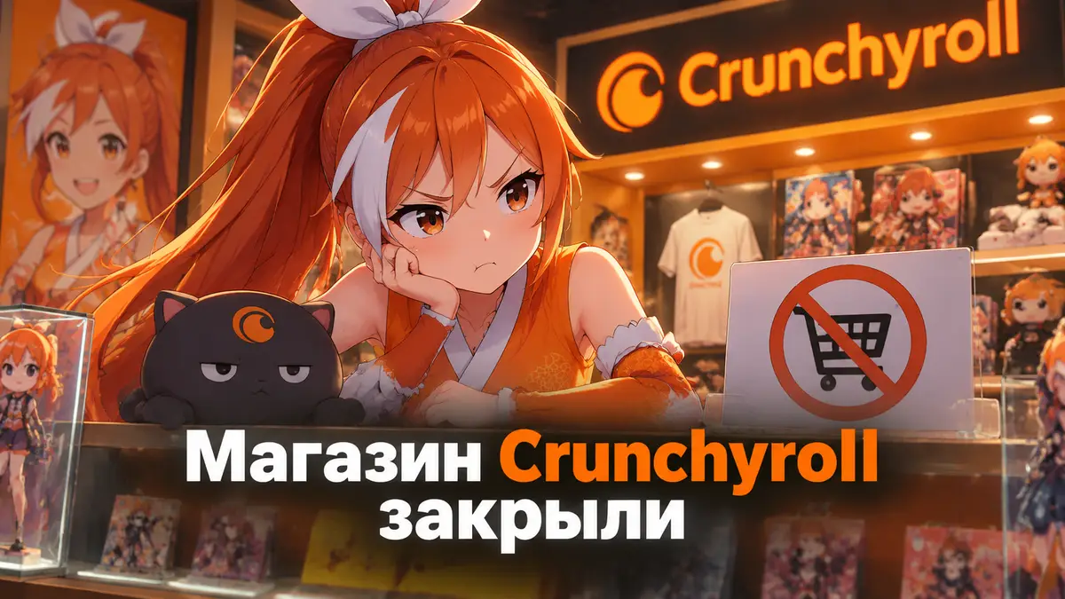 Талисман Crunchyroll Химэ с недовольным видом у витрины магазина аниме-мерча в оранжевом стиле бренда
