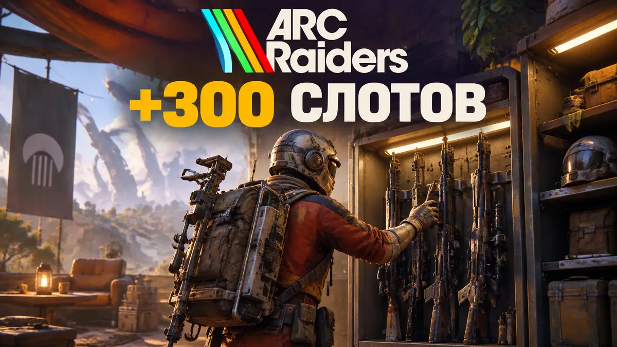 Рейдер ARC Raiders у стойки с оружием на уютной базе Outpost, яркий стиль постера игры