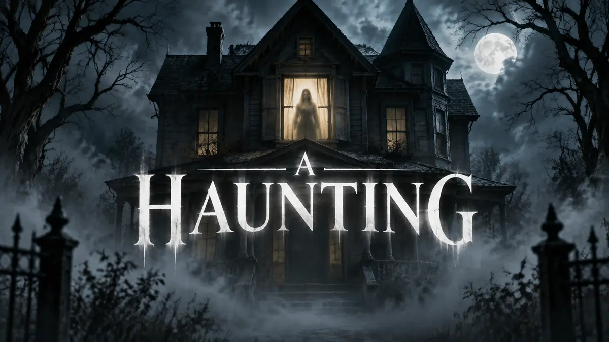 Постер сериала A Haunting: тёмный старый дом с призрачным силуэтом в светящемся окне и туманом вокруг