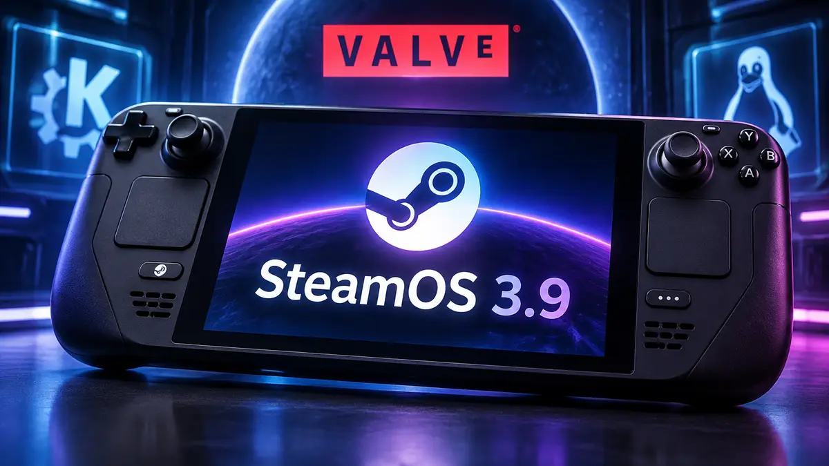 Портативная консоль Steam Deck крупным планом с логотипом Valve на технологичном фоне