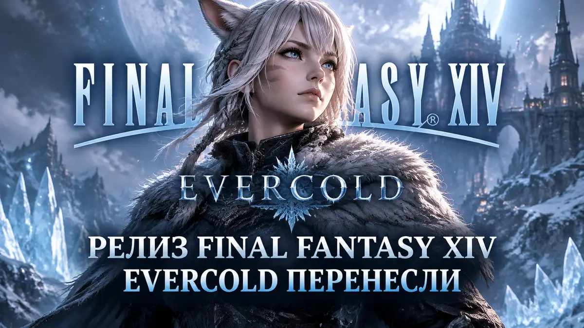 Персонаж Lagertha из дополнения Final Fantasy XIV Evercold на фоне логотипа игры