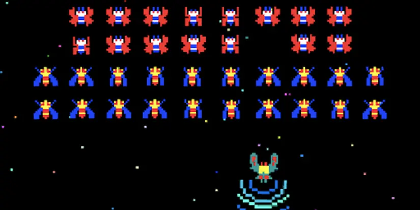 Aliens invade in Galaga gameplay.