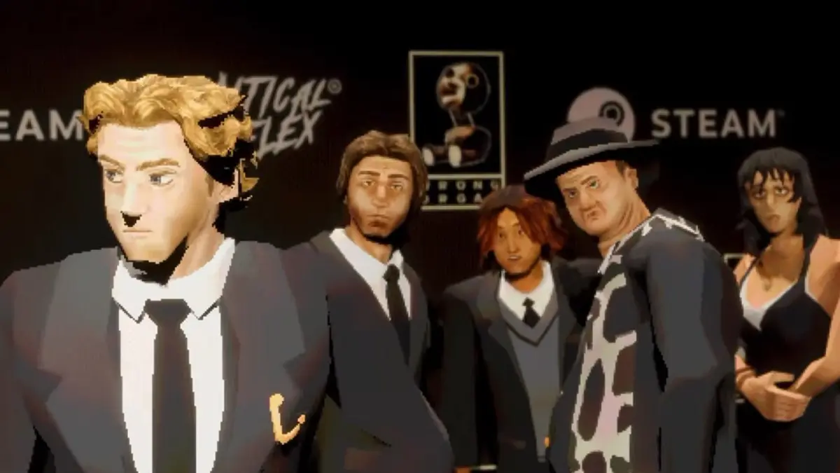 The characters of Mouthwashing all wearing fancy outfits stood lined up in front of the logos for Critical Reflex, Wrong Organ and Steam as if they're at a movie premiere.