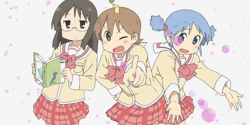 Yuuko, Mio, and Mai pose from Nichijou.
