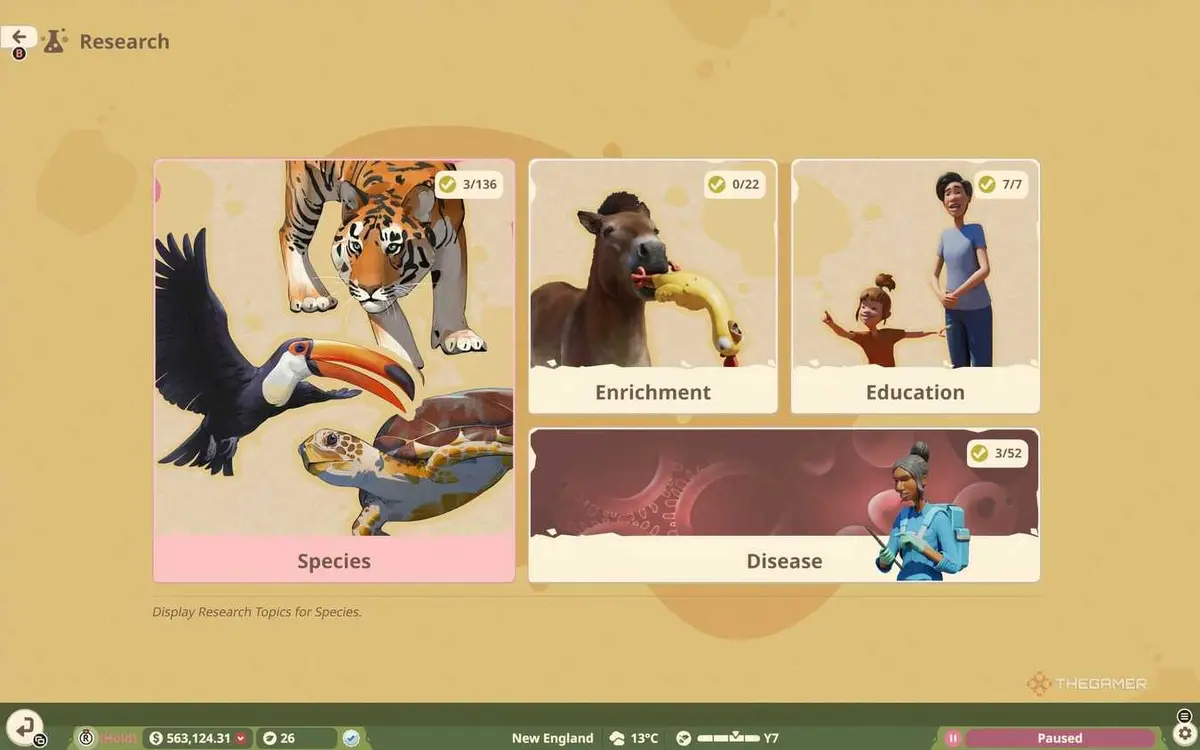 The Research menu in Planet Zoo 2.