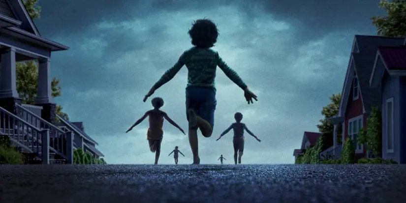 A crop of the poster for Weapons (2025), directed by Zach Cregger, showing children running with strange poses
