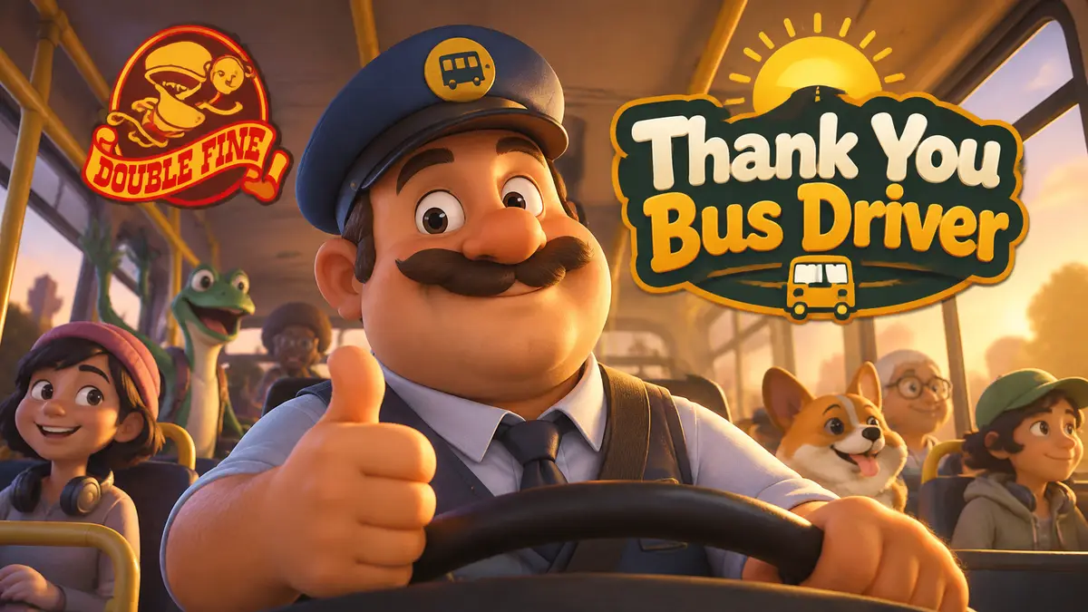 Постер Thank You Bus Driver: мультяшный водитель автобуса в салоне с пассажирами, логотип Double Fine