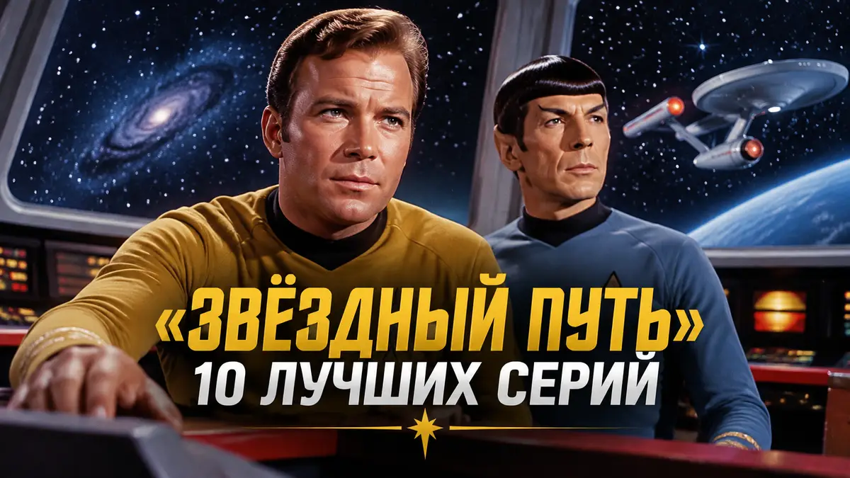 Капитан Кирк и Спок на мостике «Энтерпрайза» на фоне звёзд в ретро-стиле постера «Звёздный путь»
