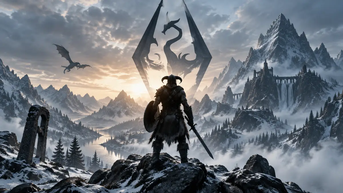 Довакин в рогатом шлеме на заснеженном горном хребте Skyrim, логотип игры