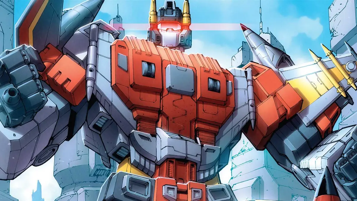 Transformers Combiner Wars cover showing Superion standing tall above the skyscrapers of Cybertron