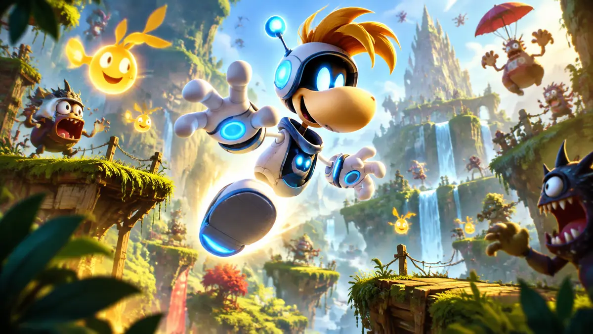 Рэйман в белом костюме Astro Bot со светящимися элементами на фоне яркого платформера