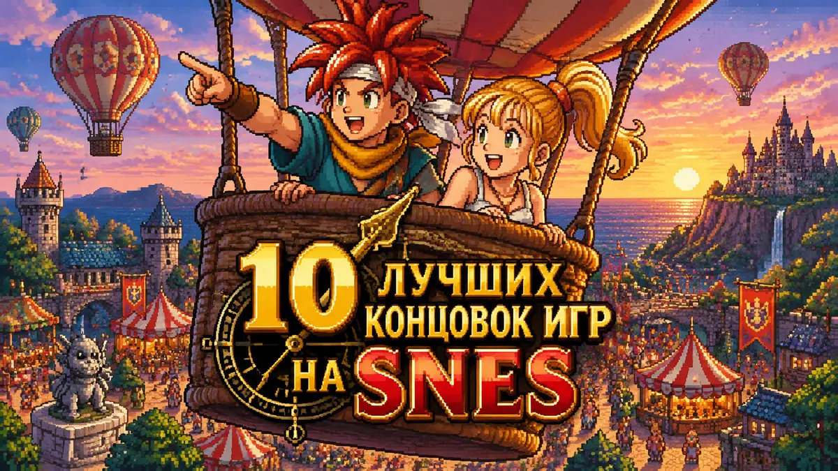 Кроно и Марл улетают на воздушных шарах над ярмаркой в пиксельном стиле SNES, постер лучших концовок