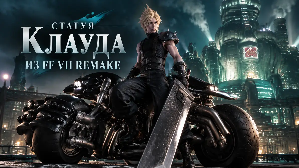 Клауд Страйф из Final Fantasy VII Remake с мечом у мотоцикла Hardy-Daytona на фоне стального Мидгара