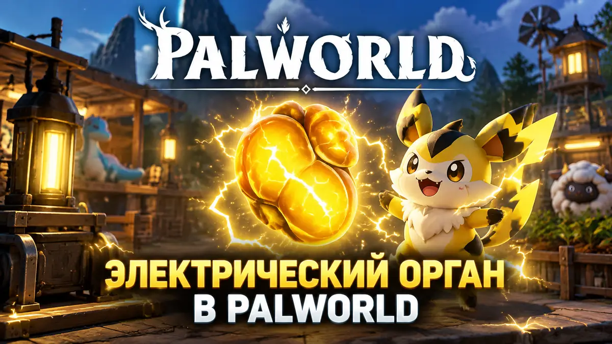 Светящийся электрический орган Palworld в центре, рядом искрящийся пал Sparkit на фоне базы с лампами