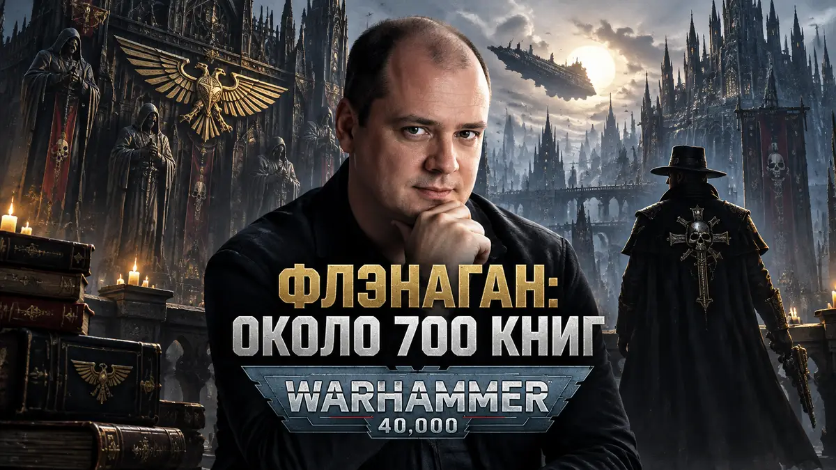 Майк Флэнаган на фоне мрачного готического Империума Warhammer 40,000 с силуэтом инквизитора в плаще