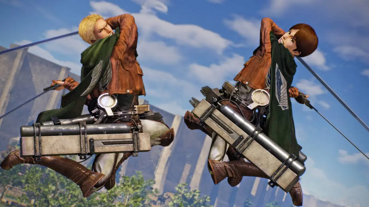 reiner and a custom character attacking with swords in aot 3.