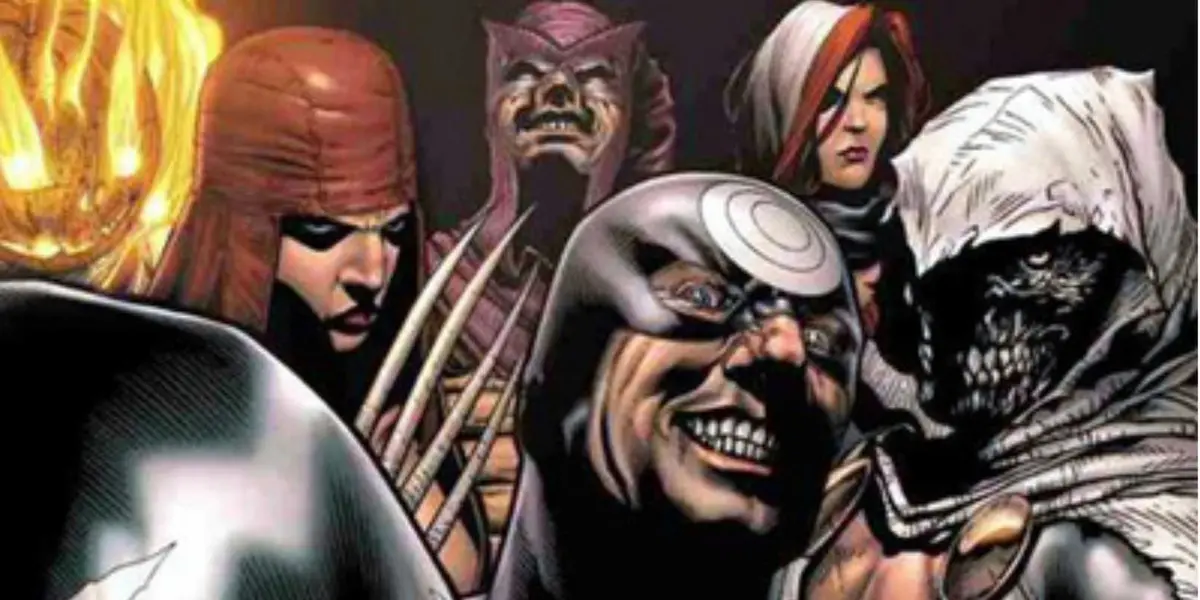 Bullseye, Lady Deathstrike, Jack O'Lantern, Taskmaster, Songbird, and Plunderer smile malevolently