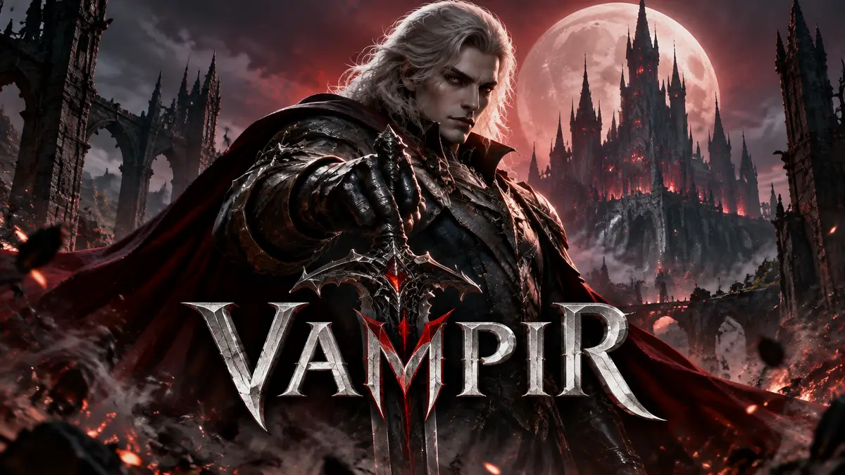 Вампир воин в готических доспехах среди пепла на постере темной MMORPG VAMPIR