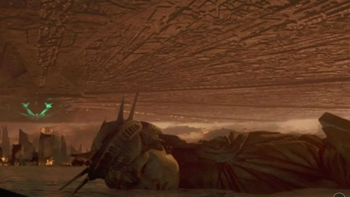 Hostile alien forces flying over a downed Statue of Liberty in Independence Day