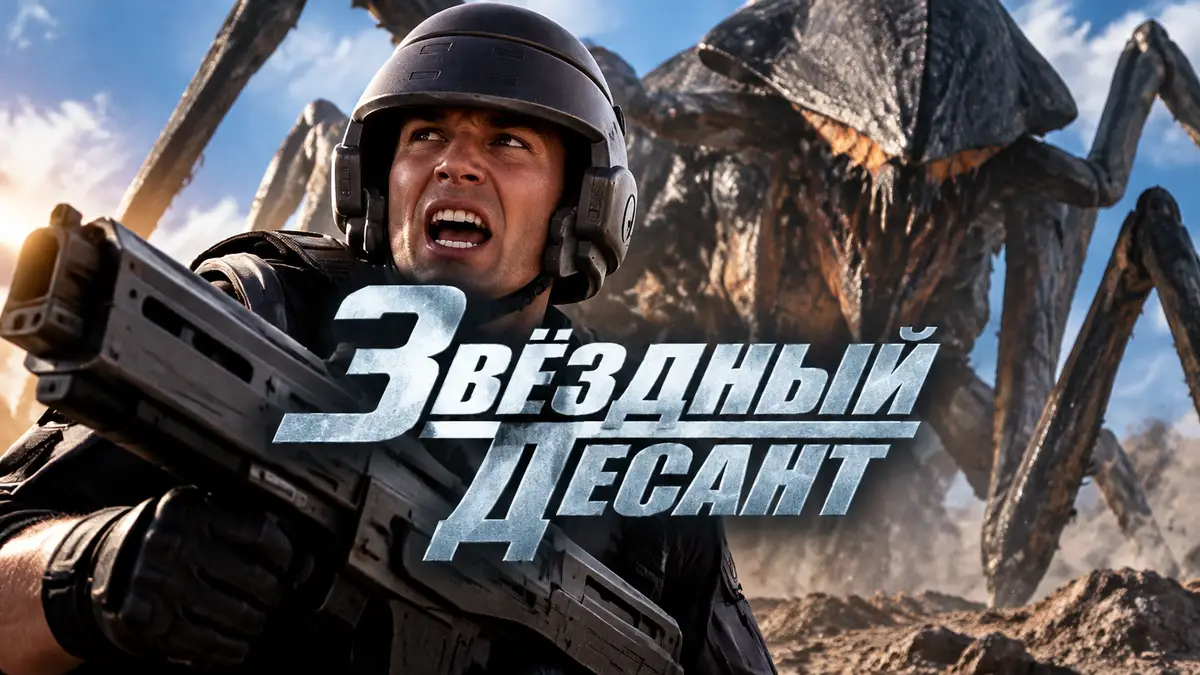 Джонни Рико из фильма Звёздный десант с винтовкой на фоне гигантского арахнида