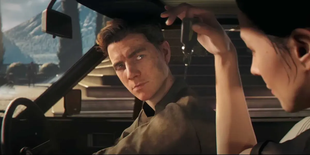 007 First Light's Bond in the driver's seat of a car looking at a woman holding a key.