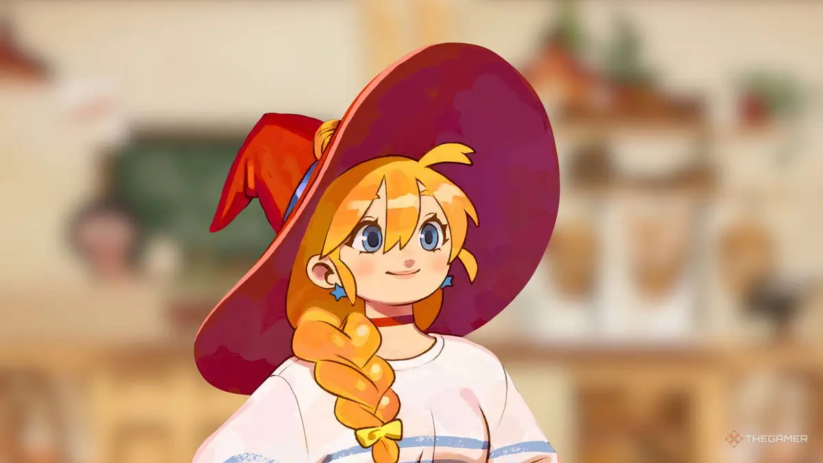 Lunne over a background of her bakery in The Witch's Bakery.