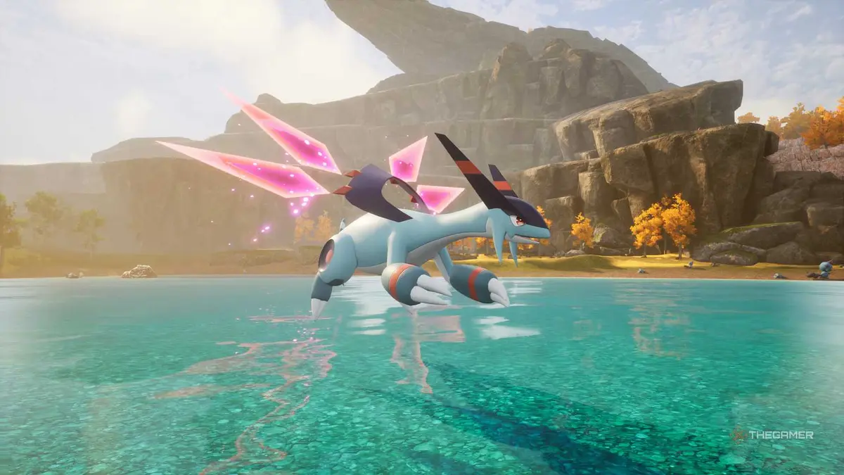 Jet Dragon hovering over a shallow lake in Palworld.