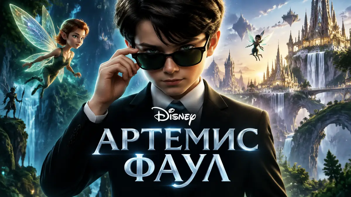 Юный гений Артемис Фаул в строгом костюме на фоне волшебного мира фей, анимационный сериал Disney