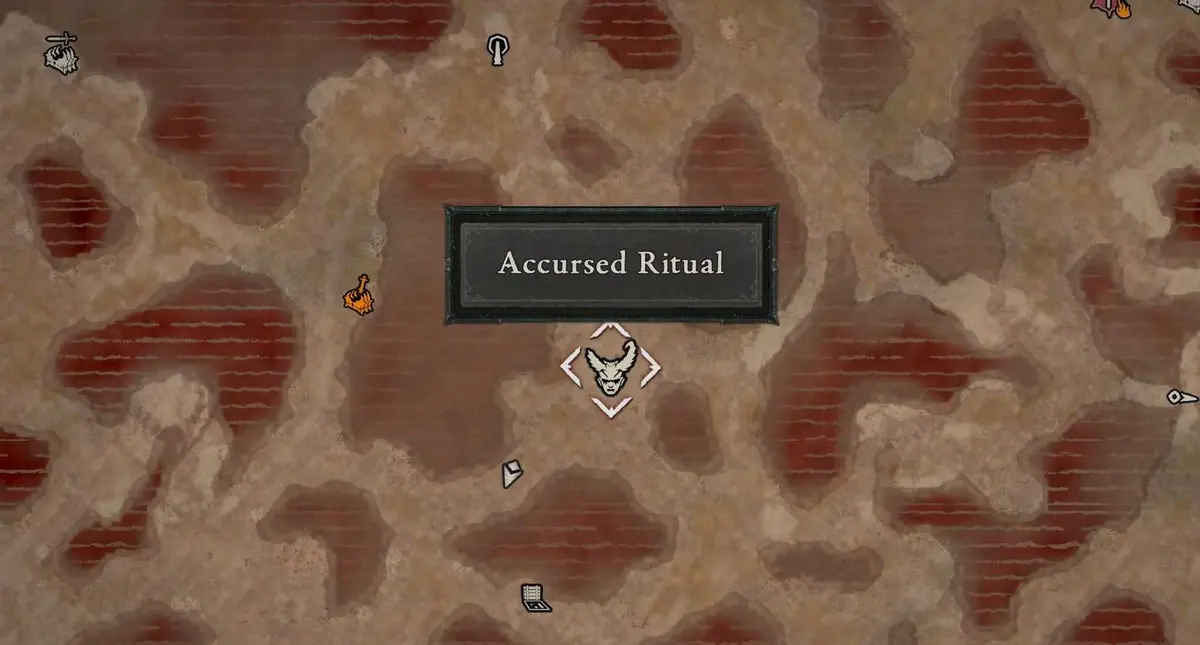 A Diablo 4 map shows the location of an accursed ritual in Diablo 4 season 4.