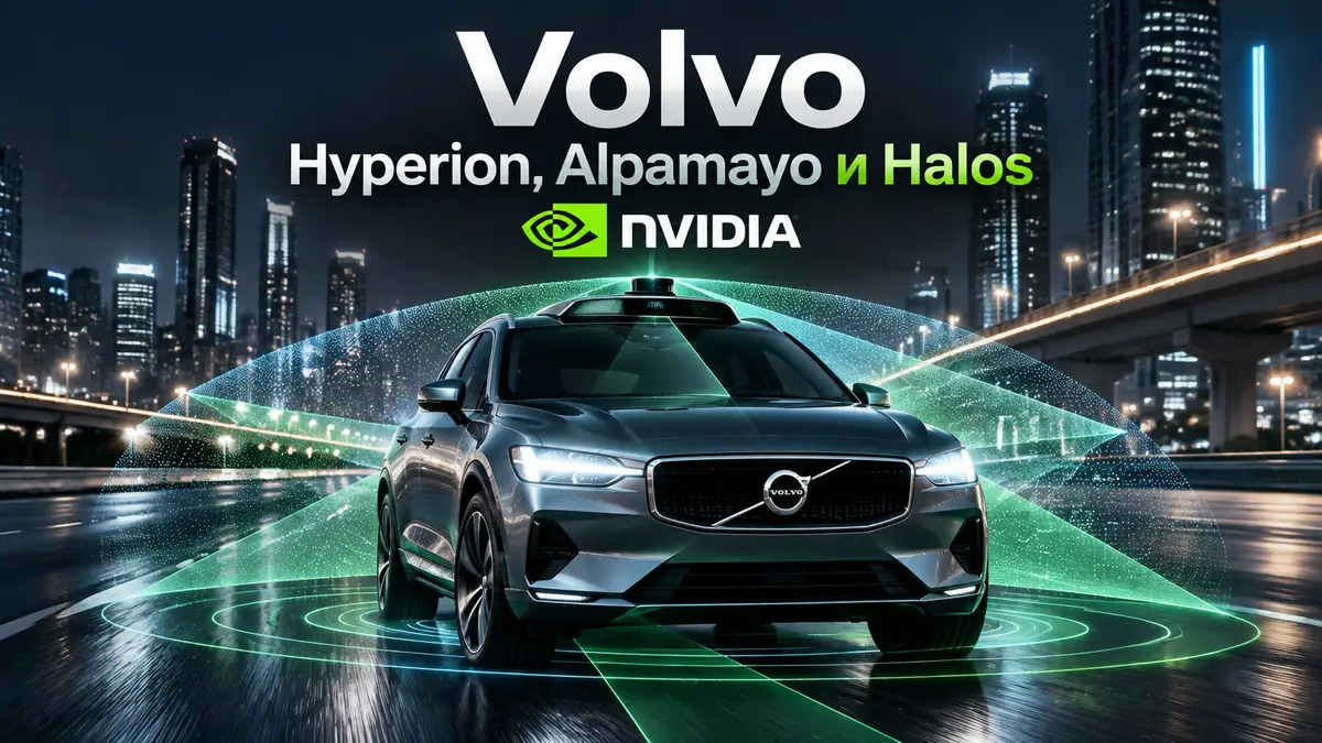 Новый автомобиль Volvo на ночной городской трассе, лучи датчиков вокруг кузова, зелёный логотип Nvidia