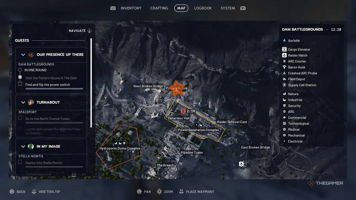 Close up of a map of the northern edge of Dam Battlegrounds with an orange star edited onto the Pattern House's location in Arc Raiders.