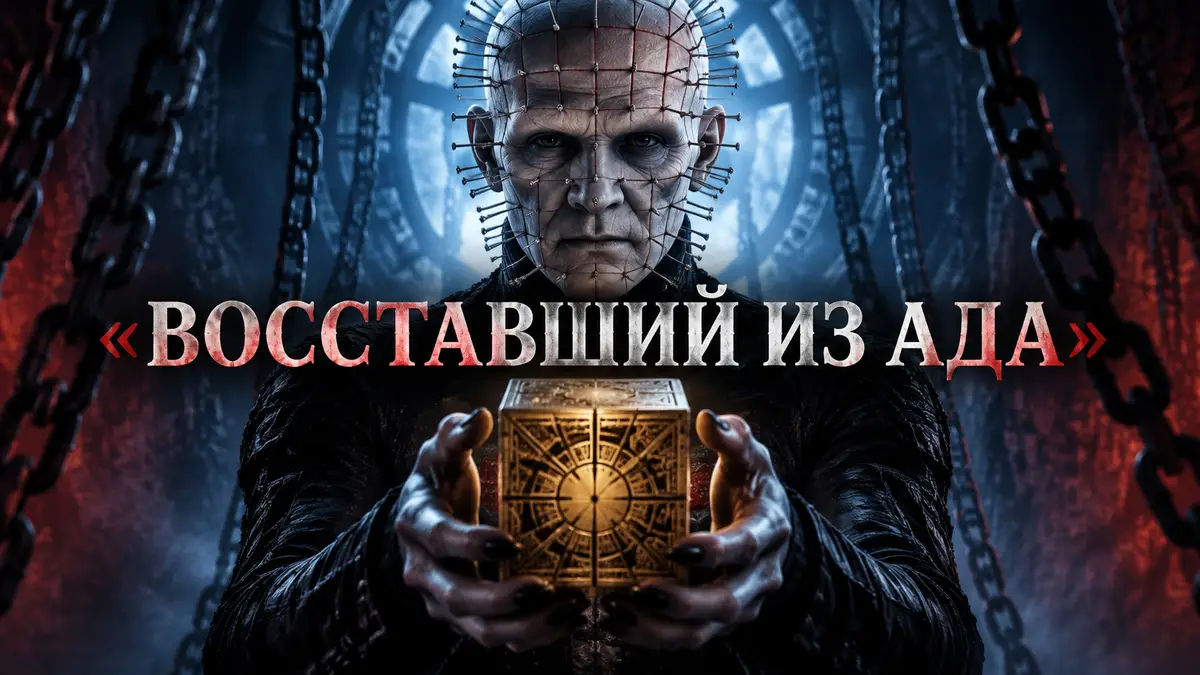 Пинхед с гвоздями в голове держит золотую шкатулку на фоне цепей, постер в стиле «Восставший из ада»
