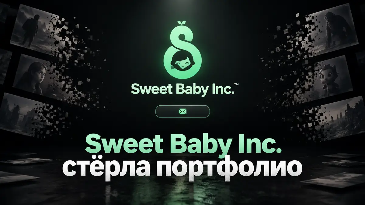 Логотип Sweet Baby Inc. на пустой чёрной веб-странице с одинокой кнопкой связи, мрачный минимализм