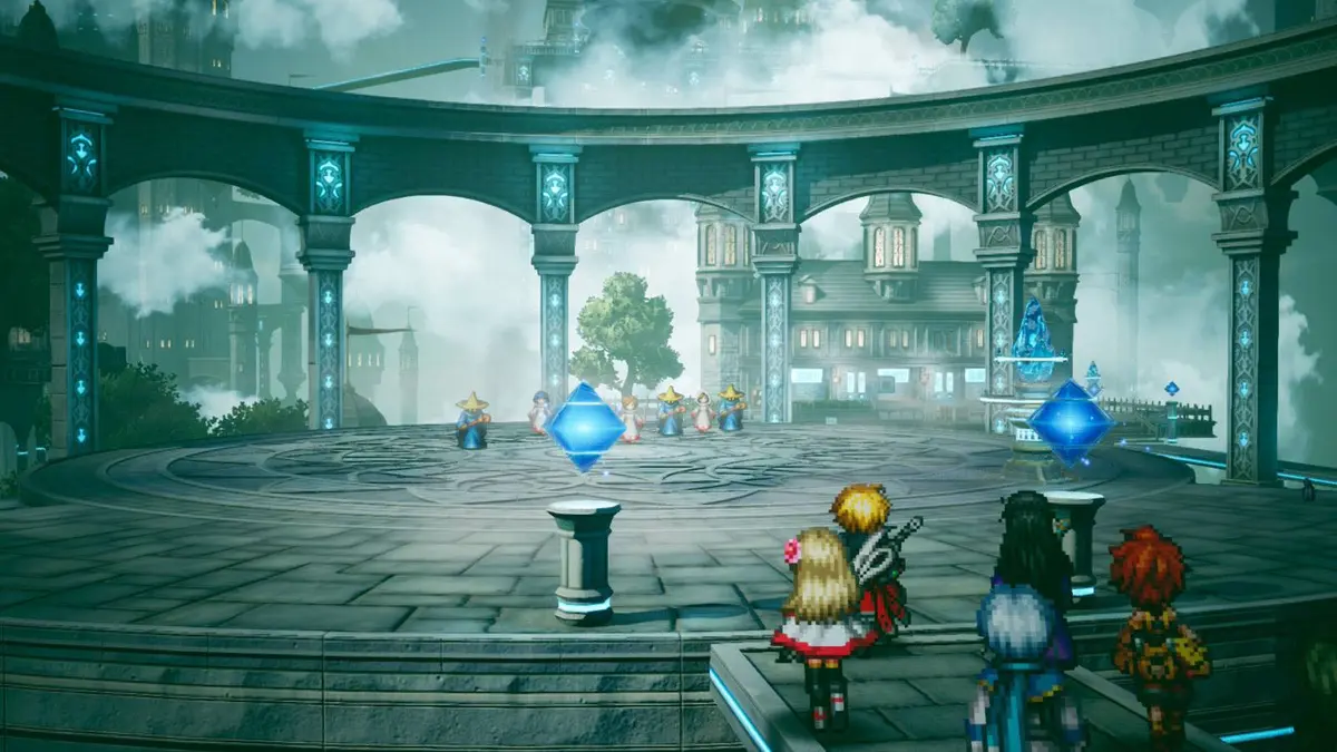 A Final Fantasy Resonance screenshot showing Rean, Fina, and the rest of the group arriving at Mysidia
