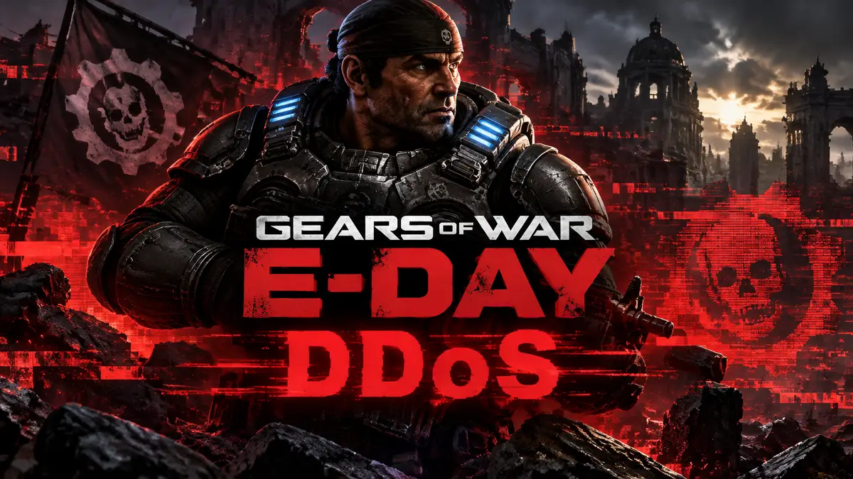 Солдат COG в тяжёлой броне на фоне руин и логотипа Gears of War: E-Day, вокруг цифровые помехи DDoS