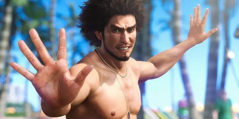 Ichiban strikes a pose without a shirt on in Like a Dragon Infinite Wealth.