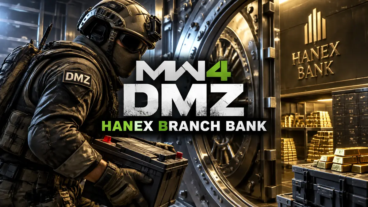 Оперативник DMZ у массивной двери хранилища Hanex Bank с аккумулятором в руках, золотые слитки и сейфы
