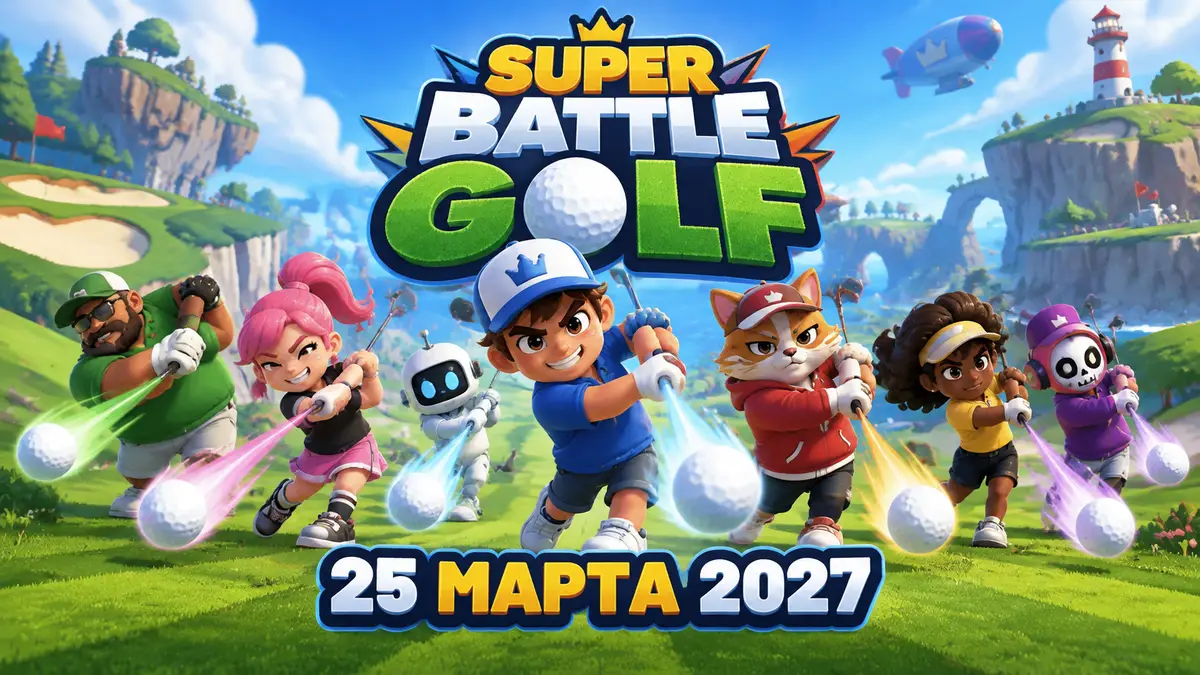 Мультяшные гольфисты Super Battle Golf одновременно бьют по мячам на ярком поле на фоне логотипа игры