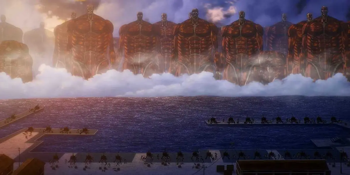 The Rumbling makes landfall with Colossal Titans near the shore in Attack on Titan.